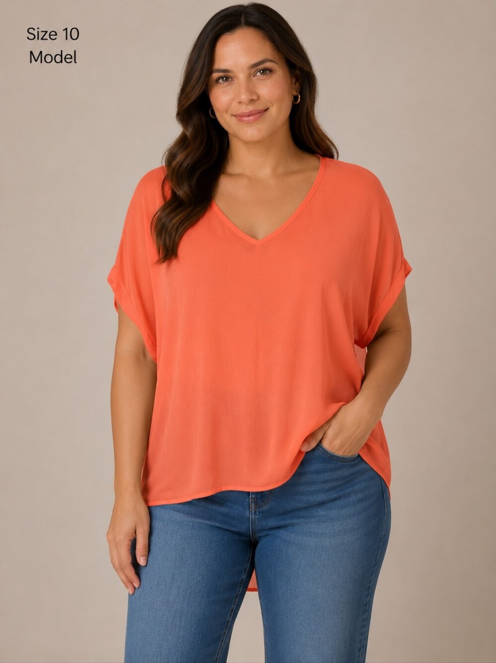 Minu By Trinity Lightweight V-Neck Blouse - Coral Size 1X